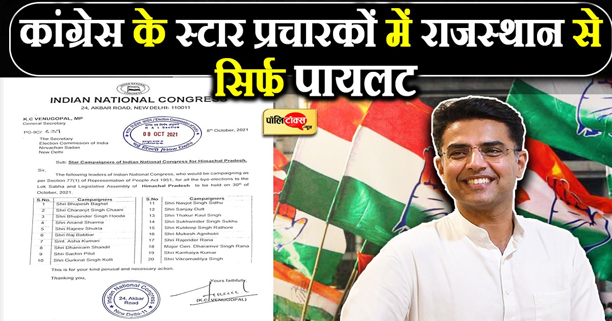 कांग्रेस के स्टार प्रचारकों में राजस्थान से सिर्फ पायलट