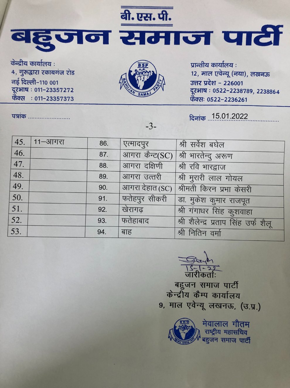 आगामी चुनाव के लिए बसपा की पहली लिस्ट 03