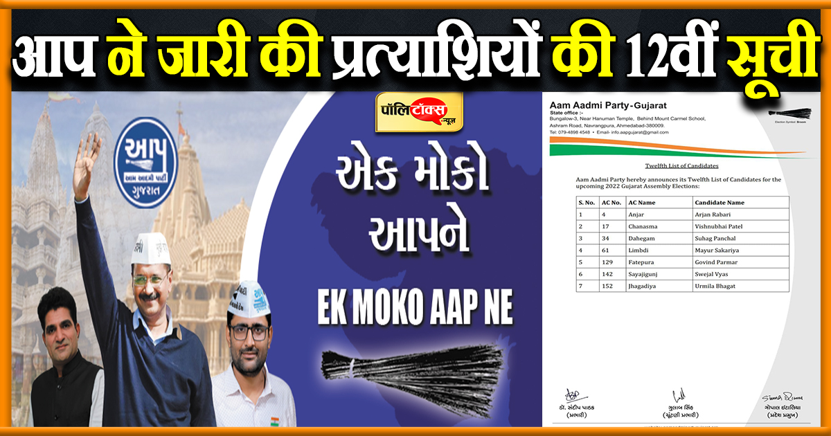 आप ने जारी की प्रत्याशियों की 12वीं सूची